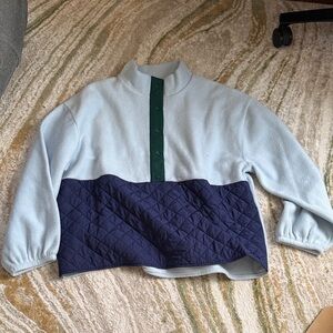J. Crew Light Blue and Navy Quilted-Paneled Pullover with Green Placket